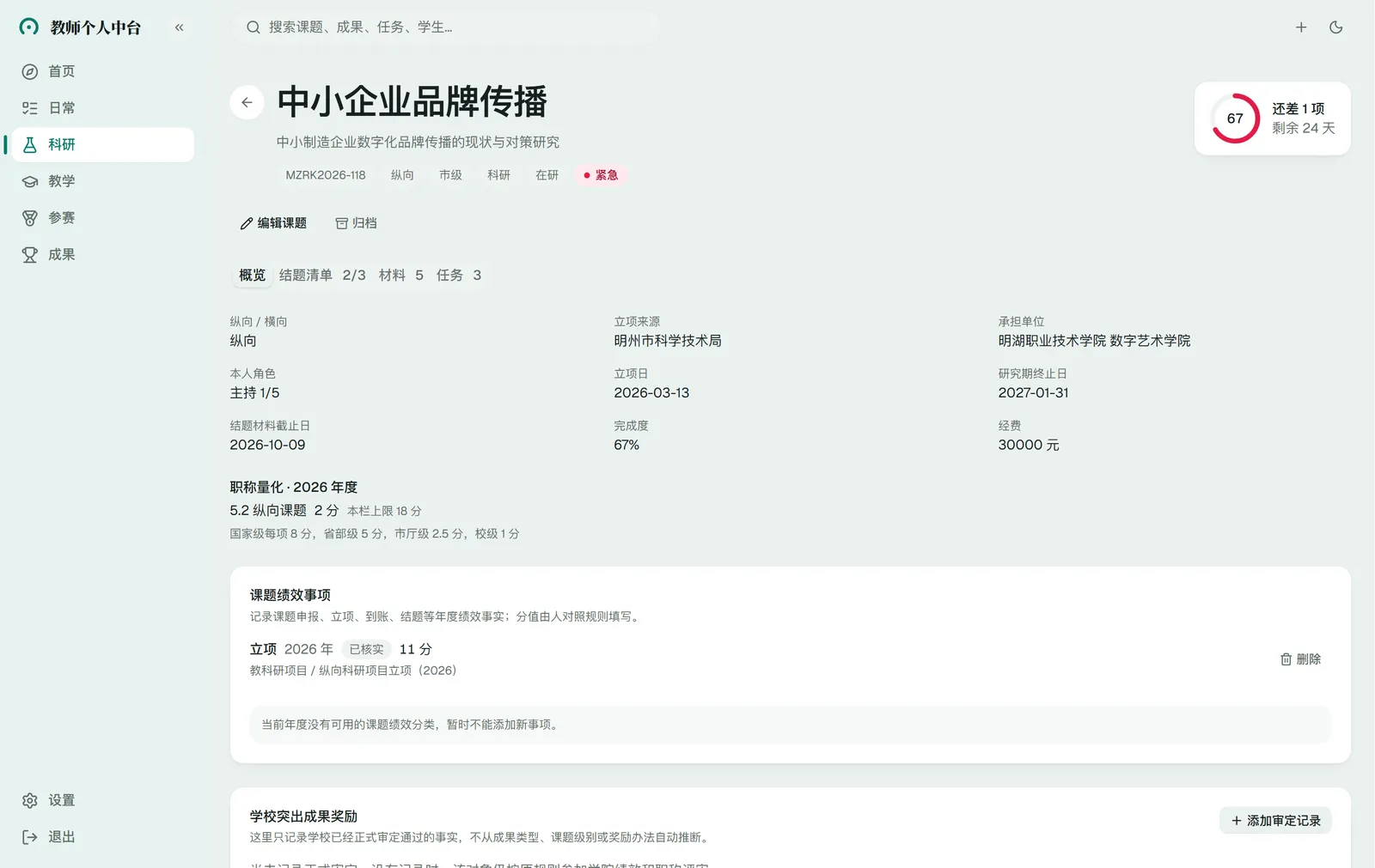 课题详情：结题要求拆成清单，算出还差什么